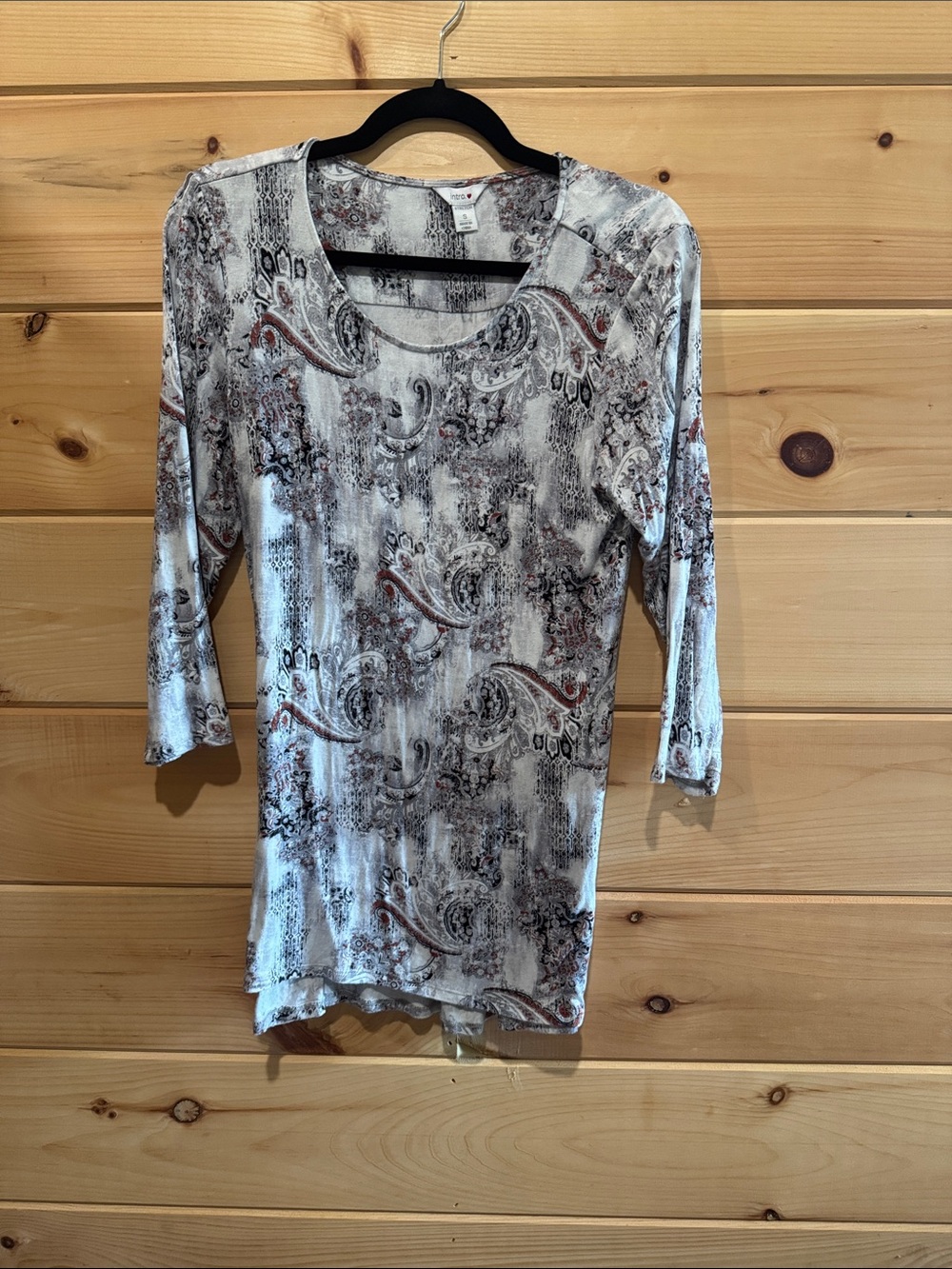 intro. Women's Paisley Scoop Neck Long Sleeve Tunic Top - White, Brown, Black.
